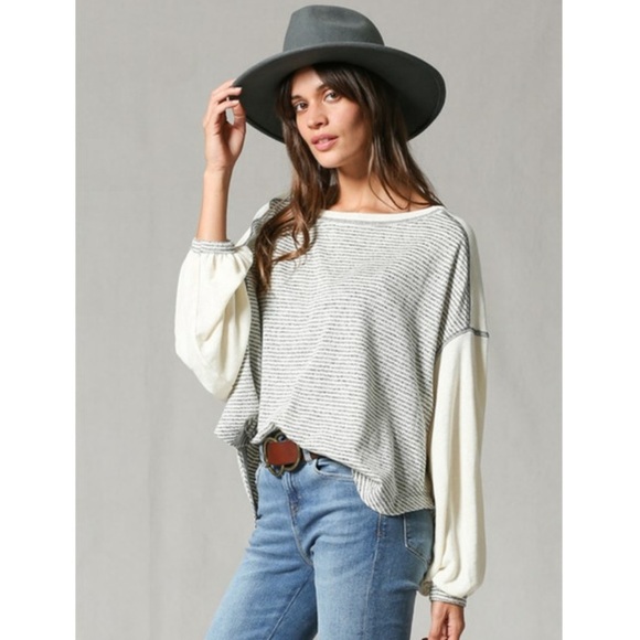 By Together Lori Two Tones Top Grey and Cream Stripped Size Medium - Picture 3 of 11